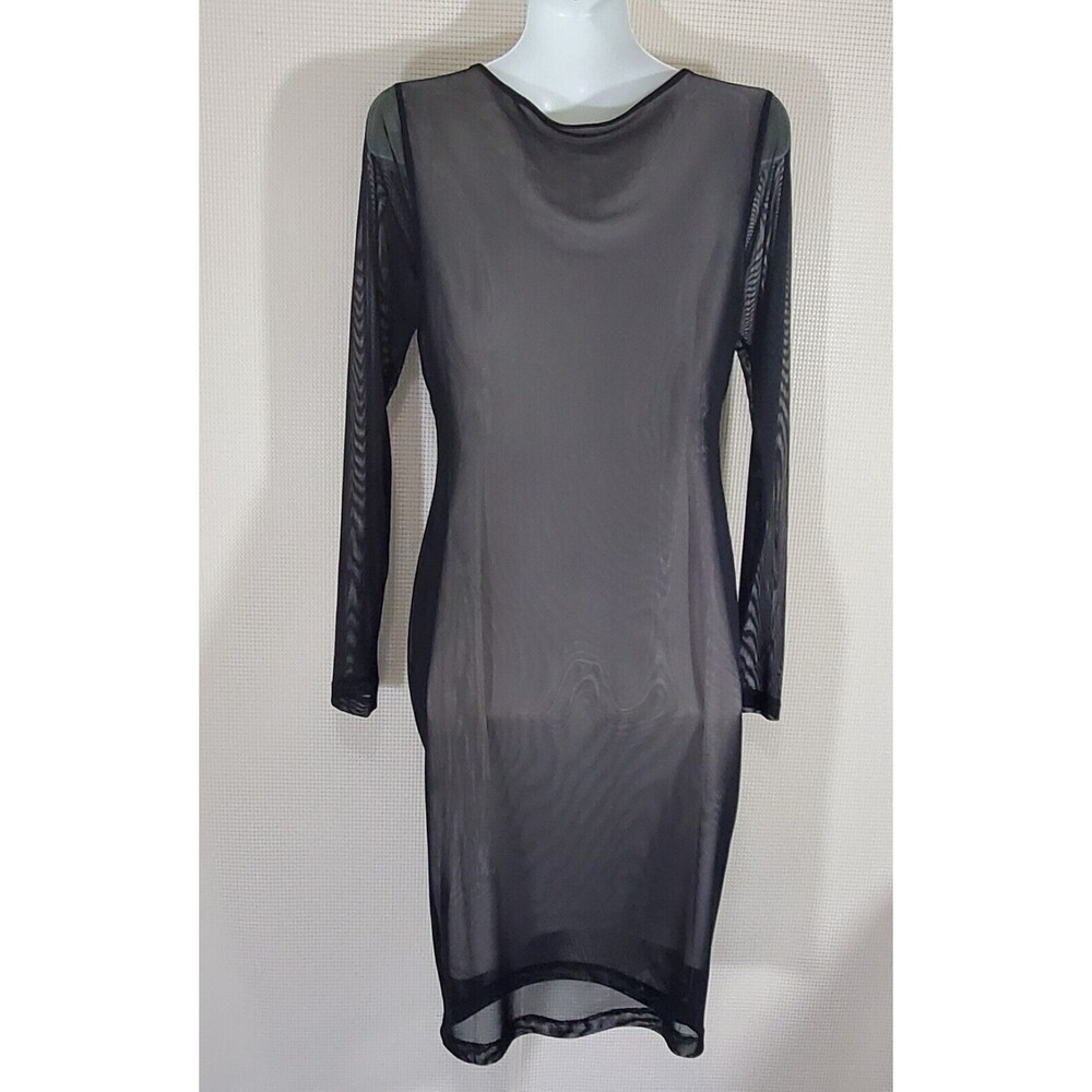 Carmen Marc Valvo Dress Medium Black Sheer Mesh Overlay Nude BodyCon Sheath - Picture 6 of 11